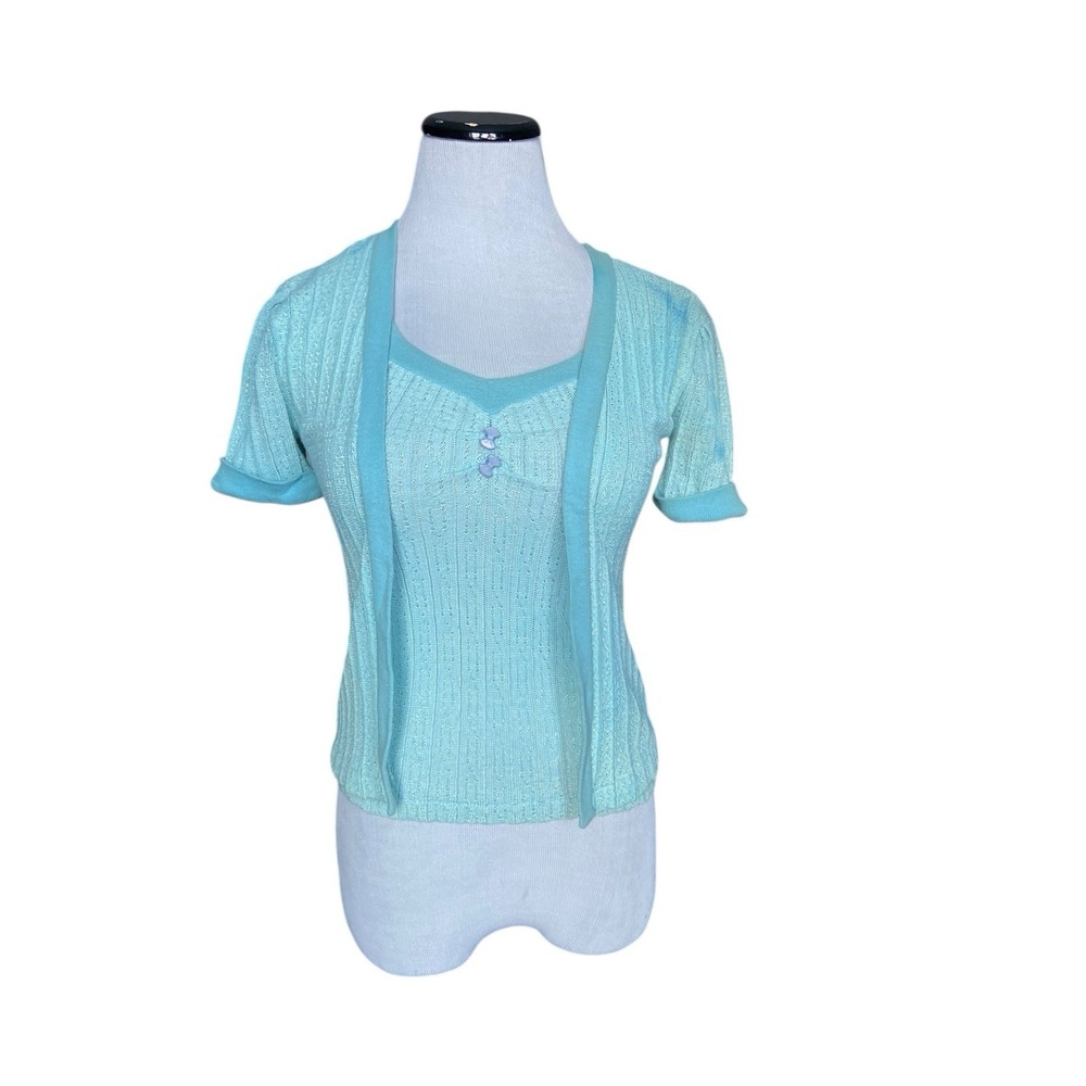 Vintage Soft Girl Coquette Ribbed‎ Knit Layered Look Top Size M Blue Bow Buttons